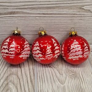 3 Red Glass Christmas Tree Ornaments Tree Snow‎ Glitter Winter Holiday Decor Vtg